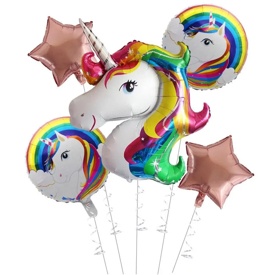 Partycorp Unicorn Theme Rainbow Color Foil Balloon Bouquet, Birthday Decoration Set For Girls, Diy Pack Of 5 1