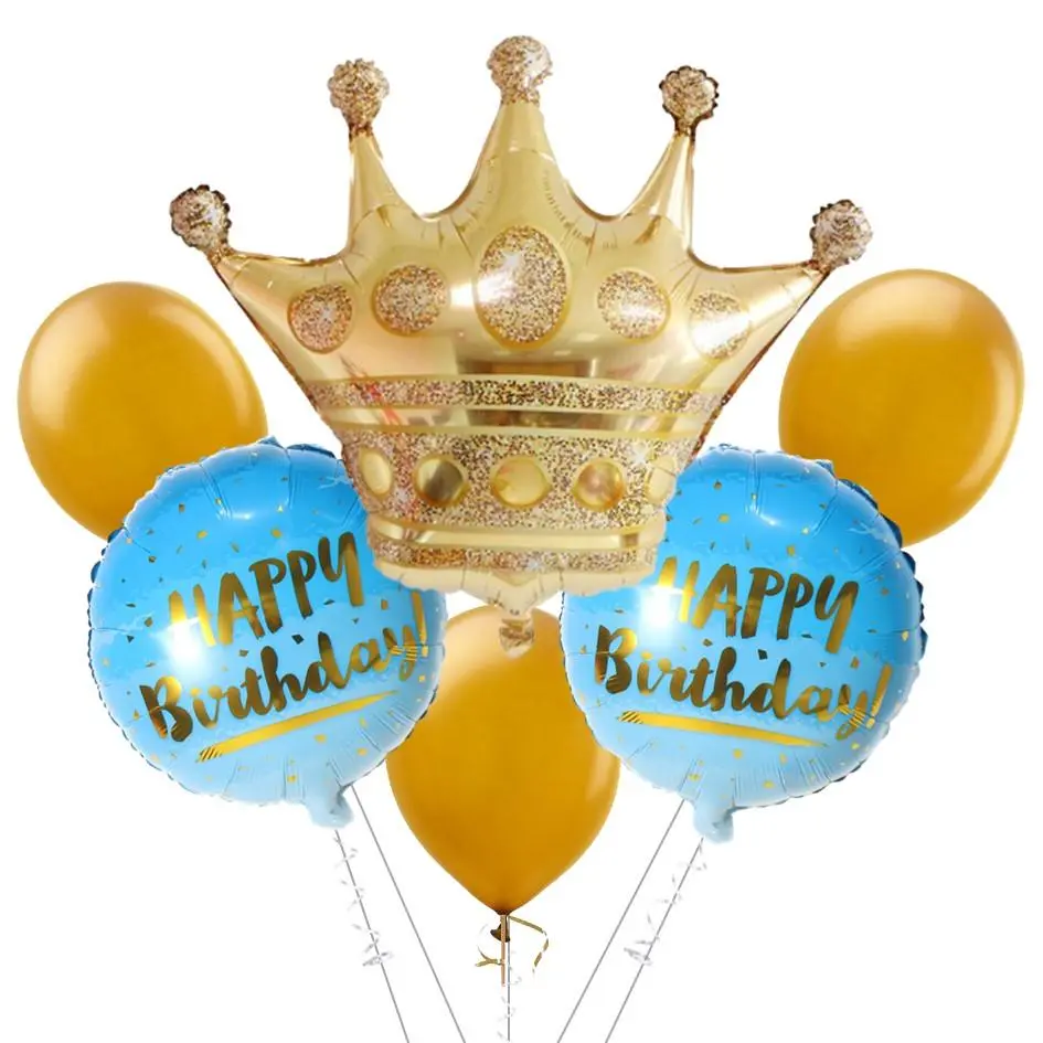 Partycorp Happy Birthday Crown Gold And Blue Balloon Bouquet, Birthday Decoration Set For Boys, Girls And Adults, Diy Pack Of 6 1