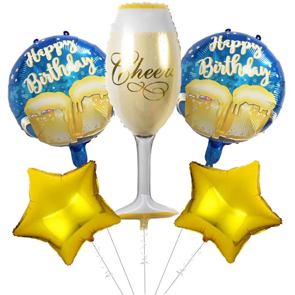 Partycorp Happy Birthday Champagne Glass Cheers And Stars Gold And Blue Balloon Bouquet, Birthday Decoration Set For Adults, Diy Pack Of 5 1