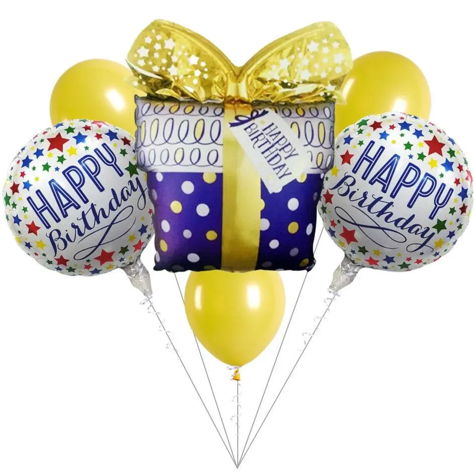 Partycorp Happy Birthday Gift Box Gold And White Stars Balloon Bouquet, Birthday Decoration Set For Boys, Girls And Adults, Diy Pack Of 6 1