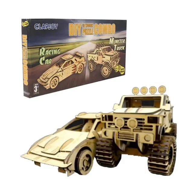 Clapjoy 3D Wooden Puzzle Monster Truck And Racing Car Combo For Kids Of Age 6 Years And Above 1