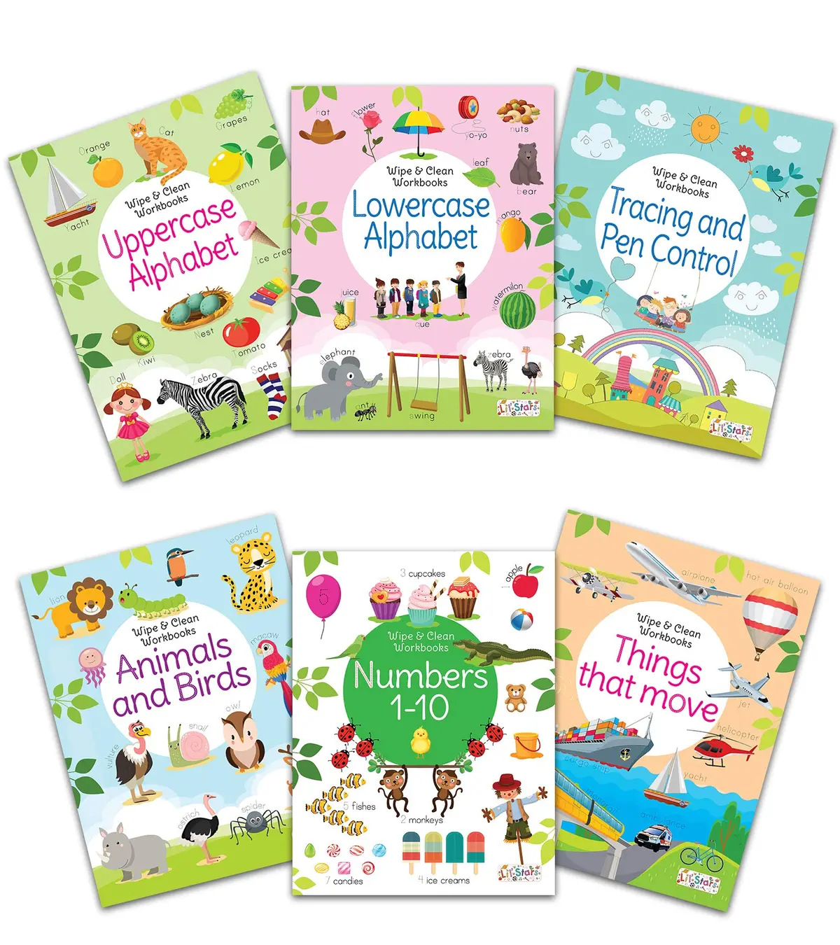 Pegasus Reusable Washable Wipe & Clean Books With Free Pens Set Of 6 For Kids (Animal & Birds, Lowercase Alphabet, Numbers 1-10, Things That Move, Tracing & Pen Control And Uppercase Alphabet) 1
