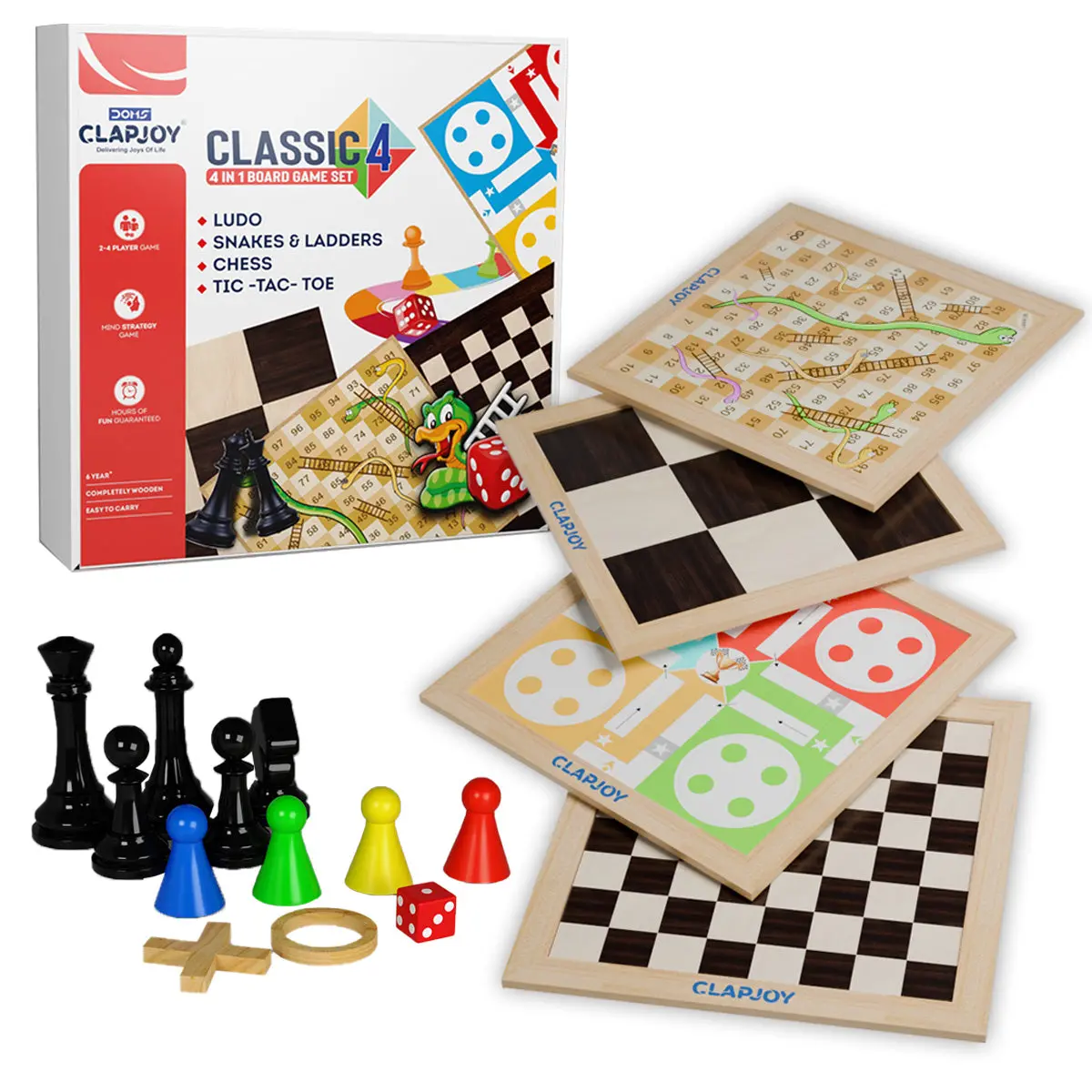 Clapjoy Wooden Ludo & Chess |Snake Ladder & Tic Tac Toe 4 In 1 Board Game For Kids & Adults 1