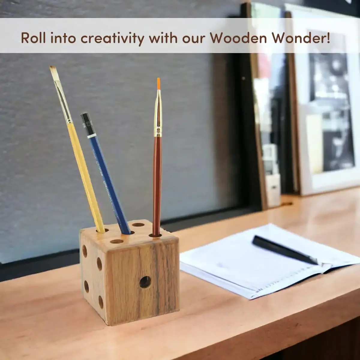 Mittimate Wooden Pen, Pencil Holder For Kids I Dice Shaped I Decorative Pen Stand For Home And Office Table 1