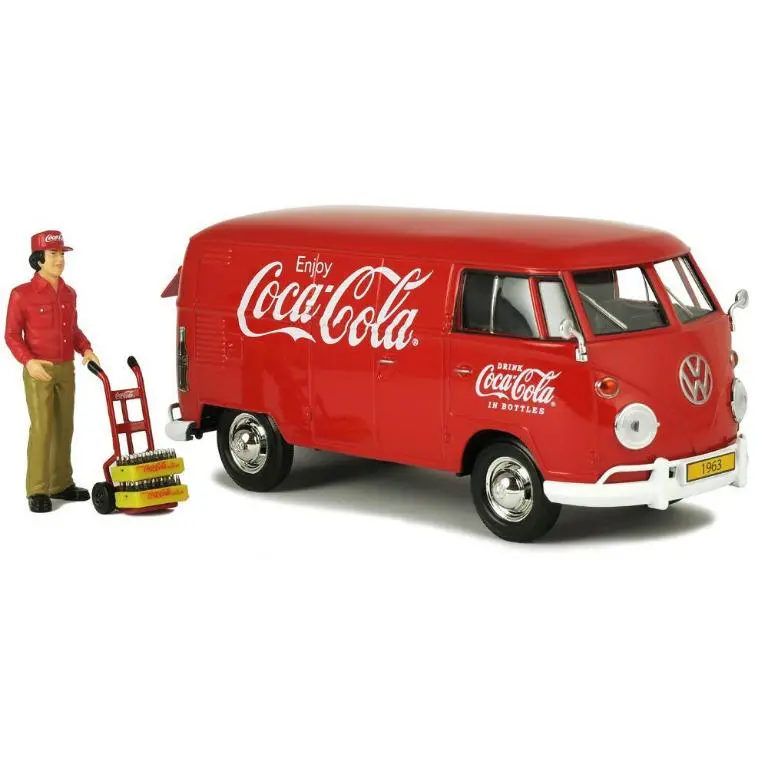 Motorcity 1/24 Coca Cola 1963 Volkswagen Type 2 (T1) Cargo Van With Delivery Driver Figurine, Handcart And 2 Bottle Cases (424062) (24062) (C1128-58) 2