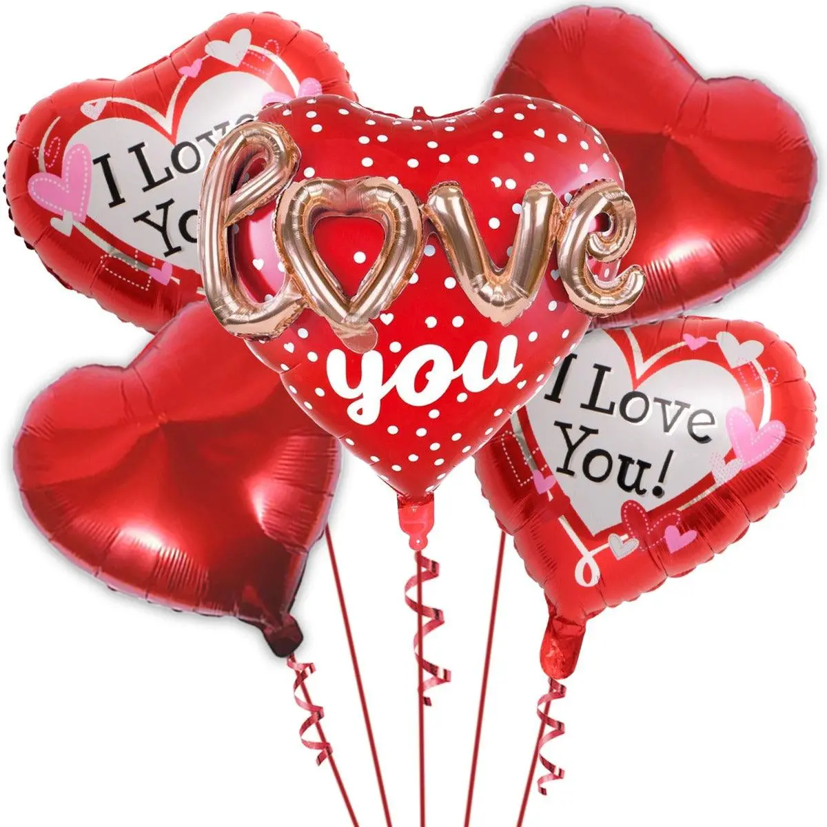 Partycorp I Love You Red Heart With Cursive Rose Gold Love Text 3D Foil Balloon Bouquet, Diy Pack Of 5 1