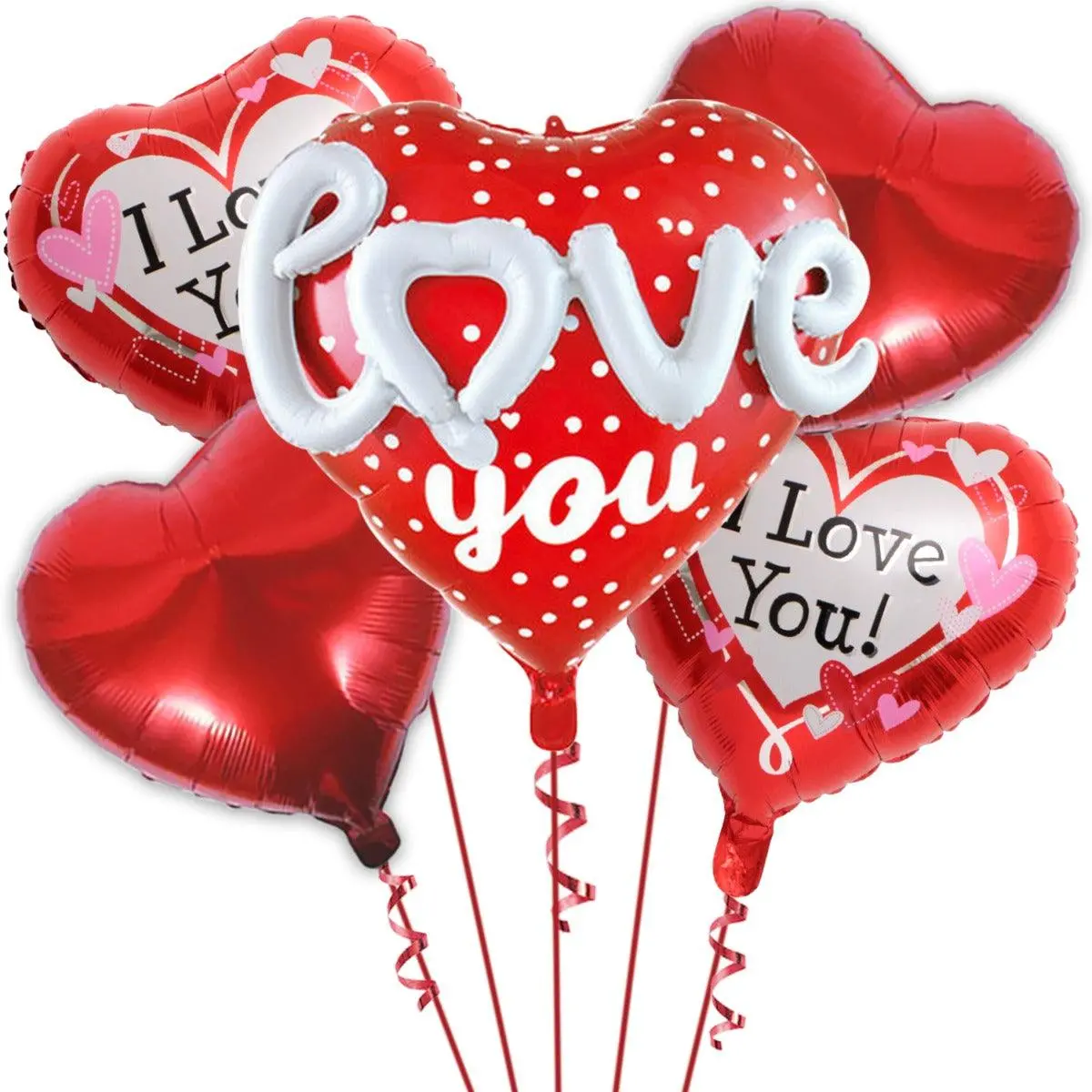 Partycorp I Love You Red Heart With Cursive White Love Text 3D Foil Balloon Bouquet, Diy Pack Of 5 1