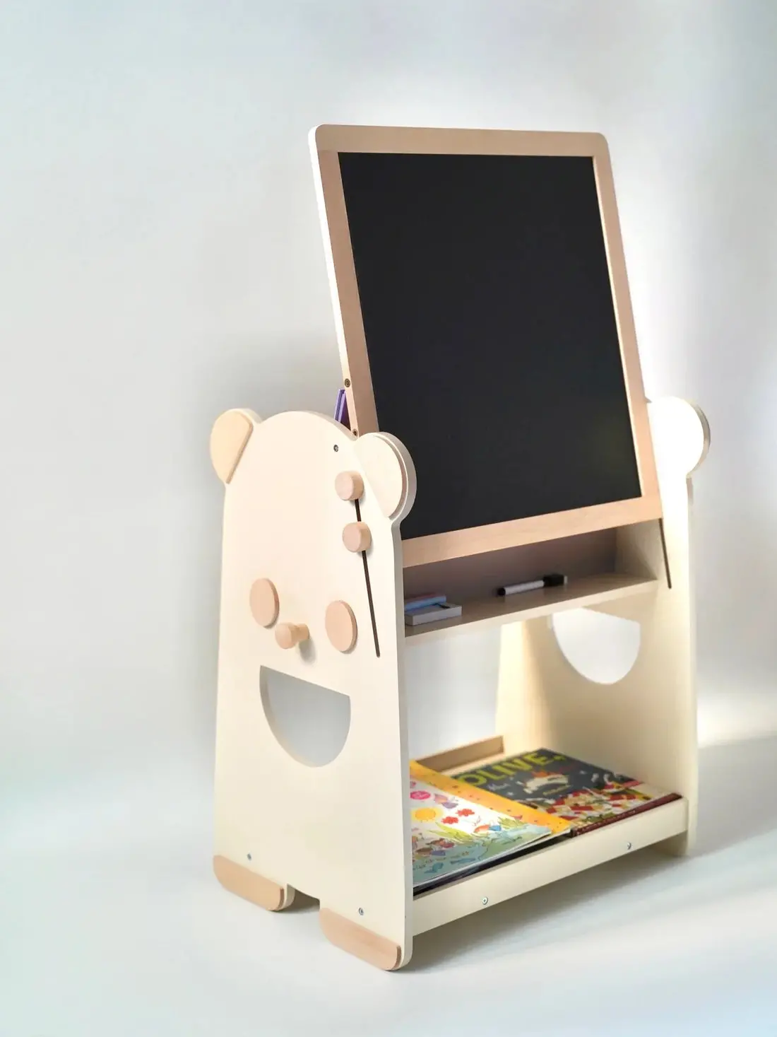 Kiddies Kingdom 4 In 1 Wooden Bear Bookshelf And Easel Organisers For Ages 3 And Above 1