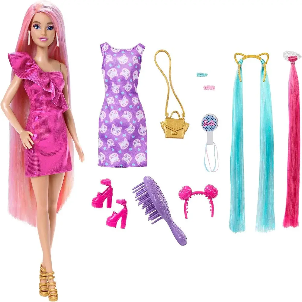 Barbie Fun & Fancy Blonde Hair Doll With Extra-Long Colorful Hair And Shimmery Pink Dress And 10 Hair And Fashion Play Accessories For Kids Ages 3+ 1