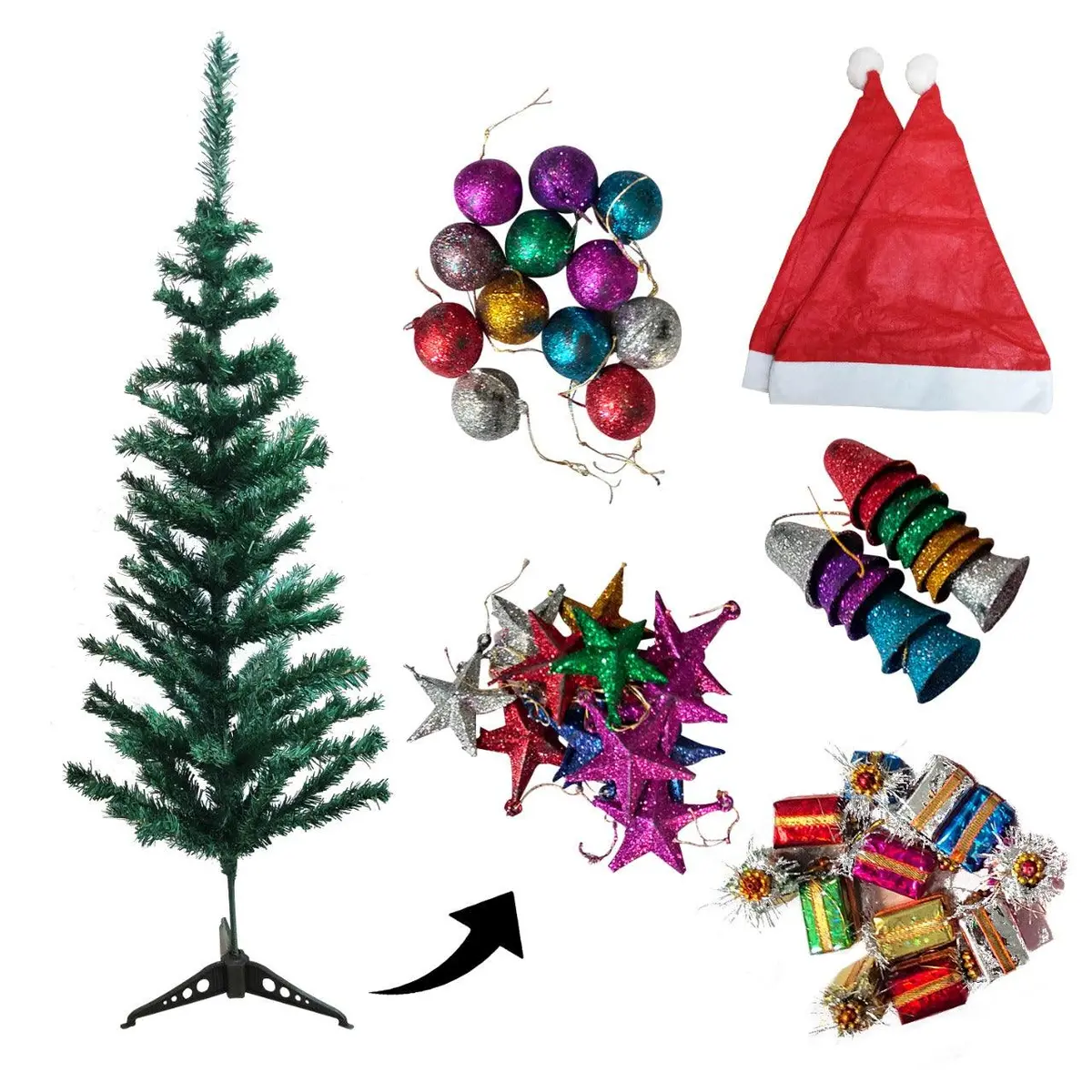 Partycorp 4 Ft Xmas Tree With 48 Decoration Glitter Ornaments And Danglers With Santa Hat For Home, Living Room Decor Combo 1