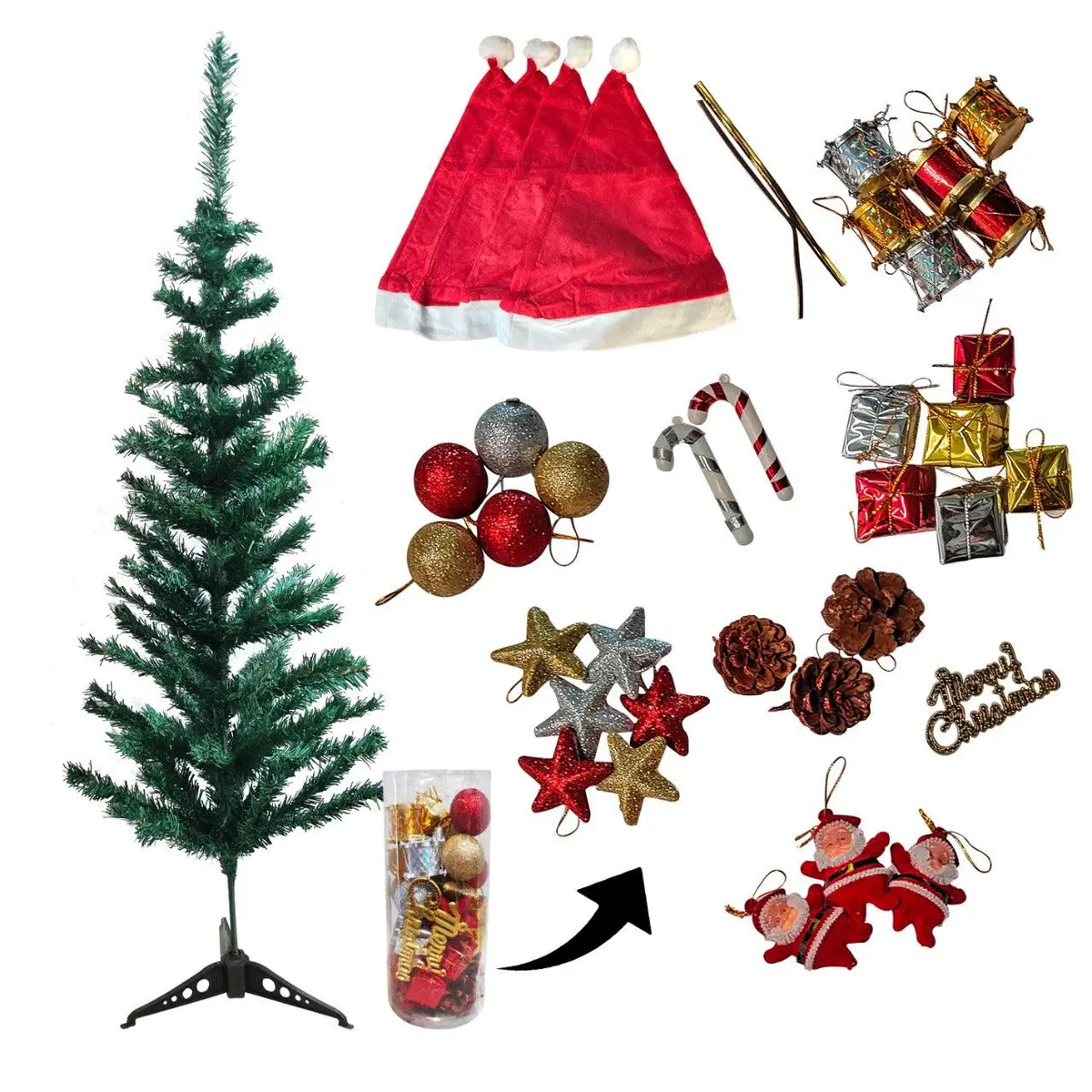 Partycorp 4 Ft Xmas Tree With Mix Decoration Danglers Set Box With Santa Hat For Home, Living Room Decor Combo 1