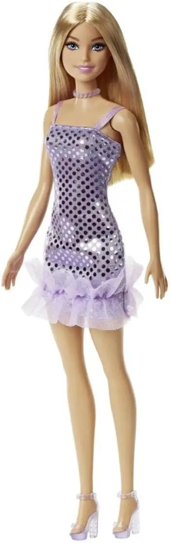 Barbie Blonde Hair Doll Wearing Lavender Metallic Mini Dress For Kids Ages 3+ 1