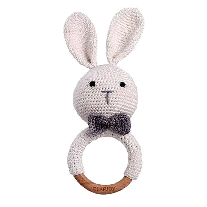 Clapjoy Baby Rattle 0-6 Months Montessori Sensory Toys For Babies, Handmade Crochet Bunny Ring Rattle Toy | Teething Toy |Toddler Play Toy Newborn Shower Gift For Infant Boys Girls 3 6 9 12 Months 1
