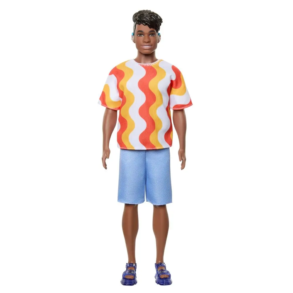 Barbie Fashionistas Ken Doll #220 With Behind-The-Ear Hearing Aids & Broad Body Wearing A Removable Orange Patterned Shirt, Shorts & Jelly Sandals 1