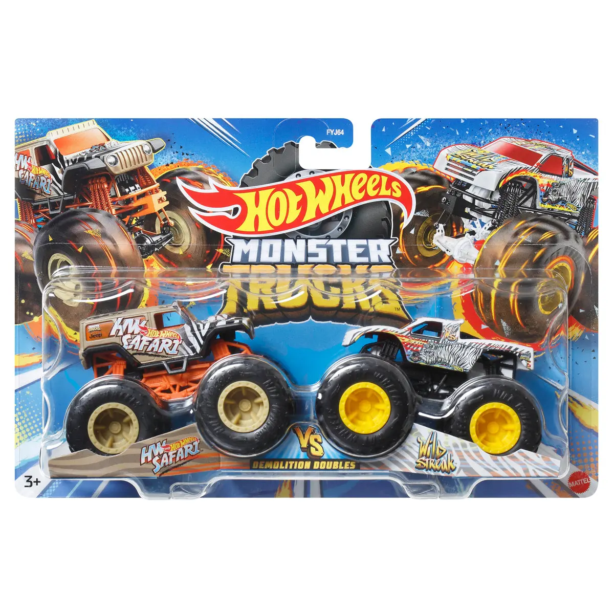 Hot Wheels Monster Trucks 1:64 Scale Demo Doubles 2 Pack Collection, Hw Safari Vs Wild Streak 1