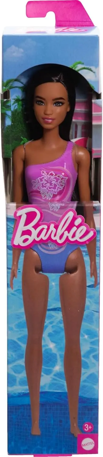 Barbie Beach Doll With Dark Brown Hair Wearing Tropical Purple Swimsuit For Kids Ages 3+ 1