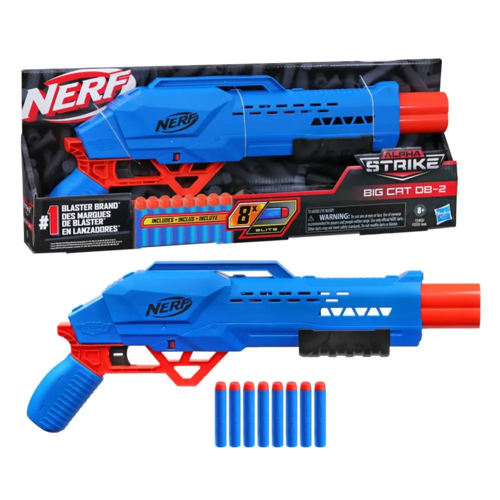 Nerf Alpha Strike Big Cat Db-2 Blaster,Double-Barrel Blasting, Fires 2 Darts In A Row,Includes 8 Official Nerf Elite Darts,Multicolor 1