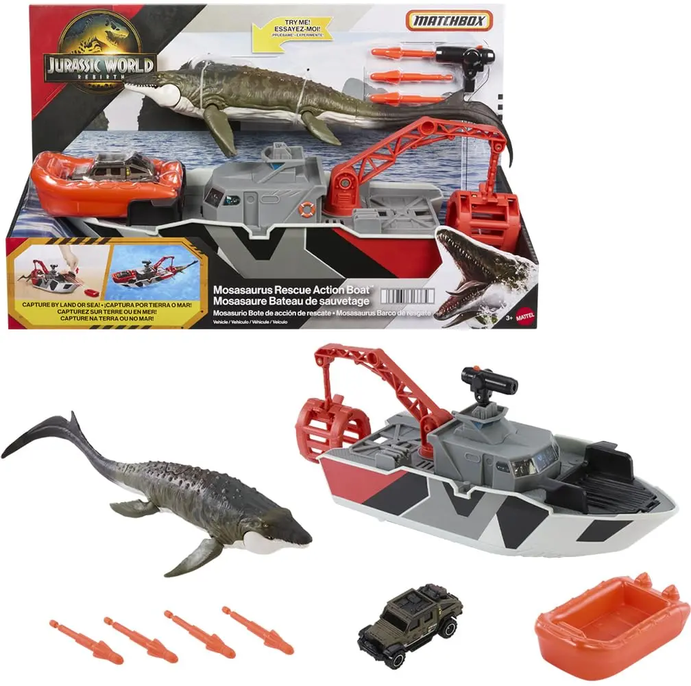 Matchbox Jurassic World Playset With 12.5" Boat With 13" Mosasaurus 1:64 Scale Die-Cast Jeeps, Harpoon Missiles And Removable Rescue Boat For Kids Ages 3+ 1