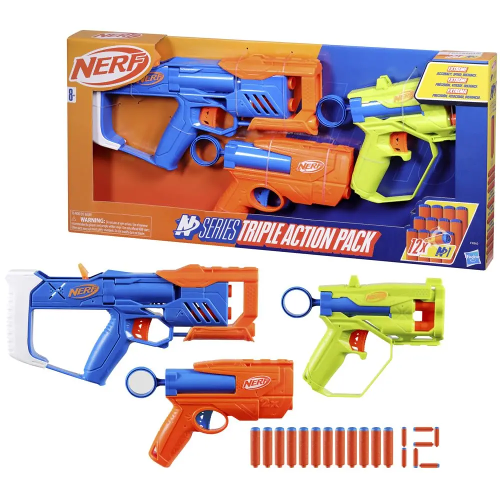 Nerf N Series Triple Action Pack, 3 Blasters, 12 N1 Darts Compatible Only With N Series Blasters, Outdoor Games For Kids, Ages 8+ 1