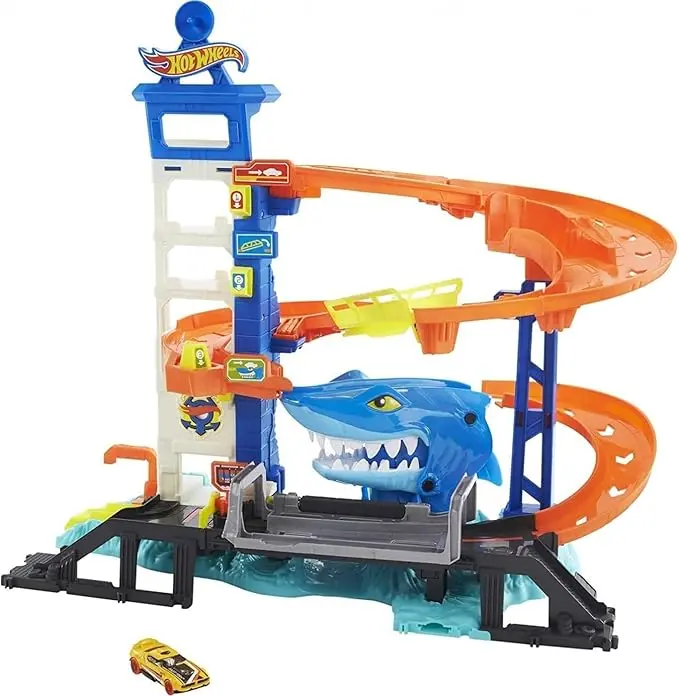 Hot Wheels Track Set And 1:64 Scale Toy Car, City Shark Escape, Multi-Level Playset For Kids Ages 4 And Up 1