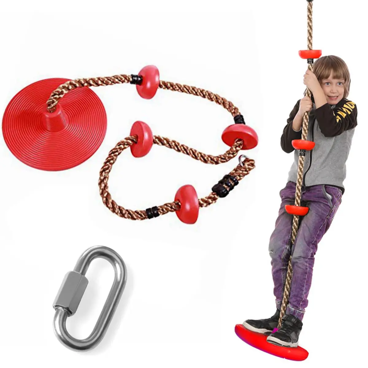 Reznor Plastic Platforms Disc Tree Swing Seat Climbing Knot Rope With Carabiner Hook For Kids, Red 1
