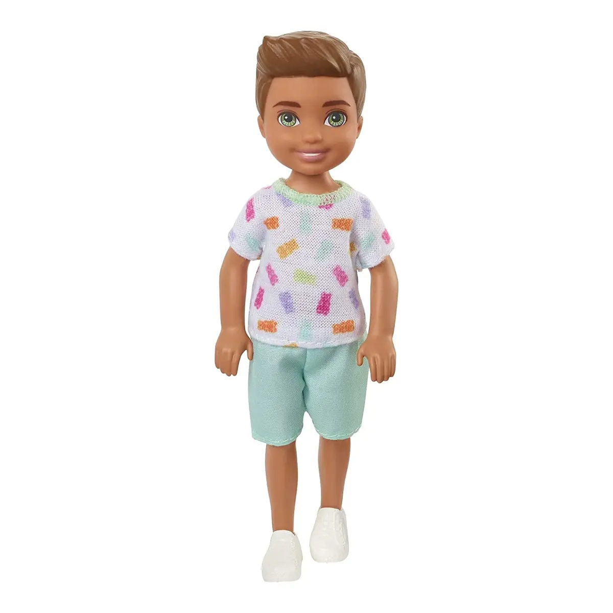 Barbie Chelsea 6 Inch Brunette Boy Doll Wearing Colorful Printed T-Shirt, Blue Shorts & White Shoes For Kids Ages 3 Years Old & Up 1