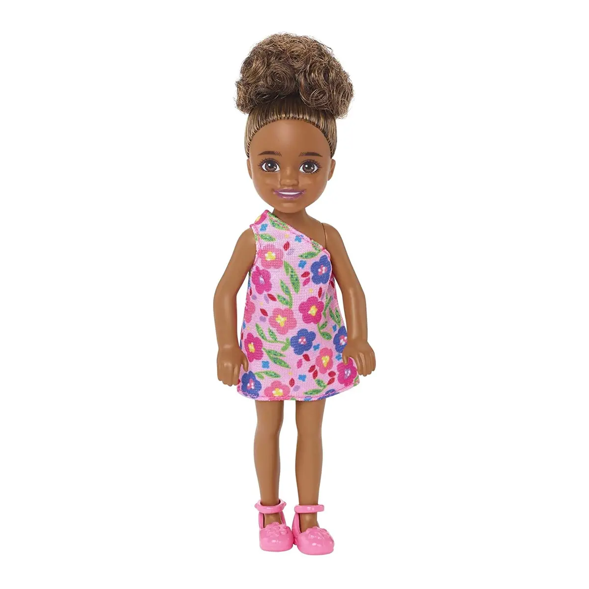 Barbie Chelsea 6 Inch Doll Brunette Curly Hair Wearing One-Shoulder Flower-Print Dress And Pink Shoes For Kids Ages 3 Years Old & Up 1