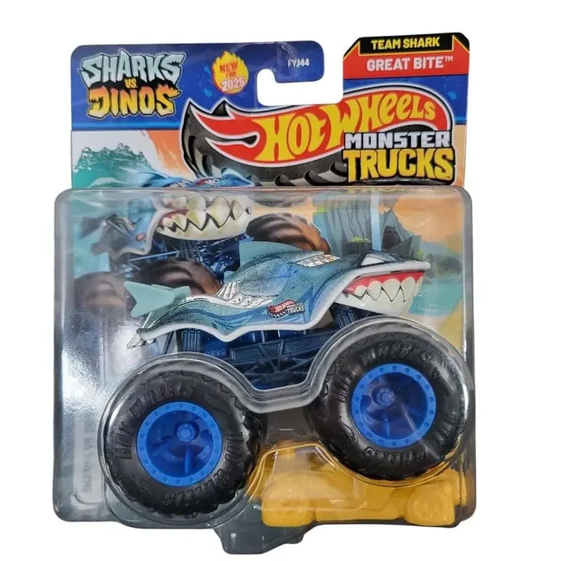 Hot Wheels 1:64 Scale Team Shark Great Bite Monster Trucks 2025 Diecast Truck With Crushable Car For Ages 3+ (Jcd73) 1