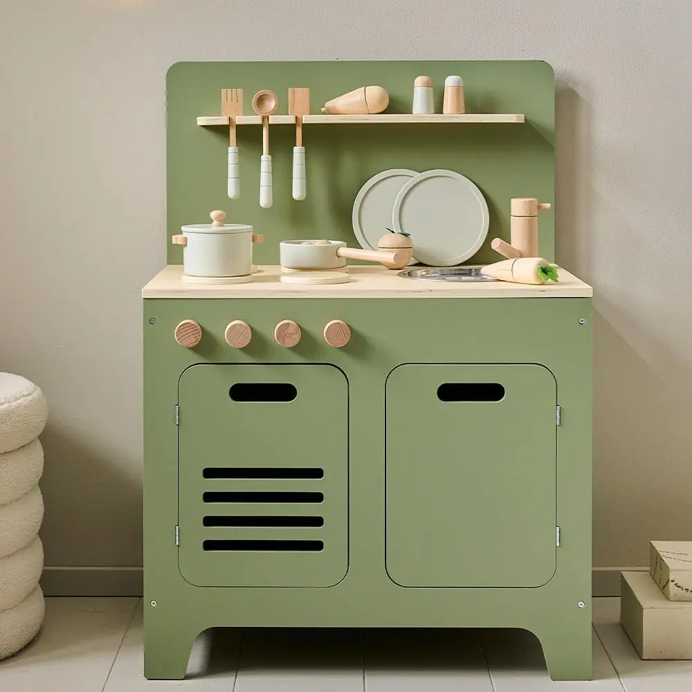 Kiddies Kingdom Wooden Toy Kitchen - Olive Green & Dusty Pink Imaginative Play For Ages 3 And Above 1