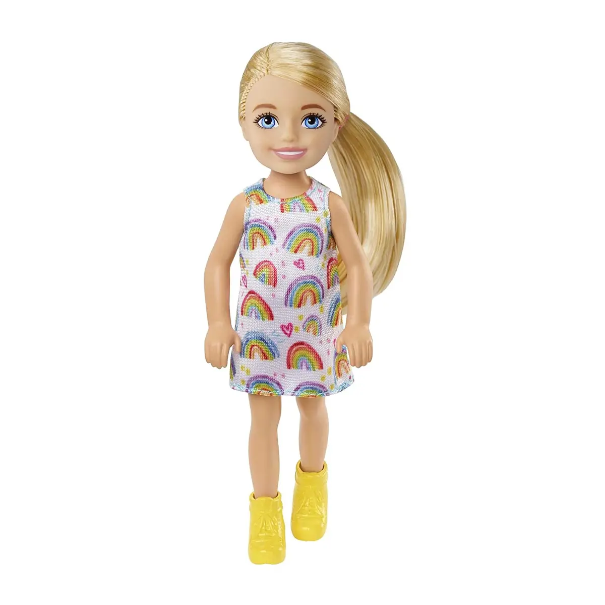 Barbie Chelsea 6 Inch Doll Blonde Hair Wearing Rainbow-Print Dress And Yellow Shoes For Kids Ages 3 Years Old & Up 1