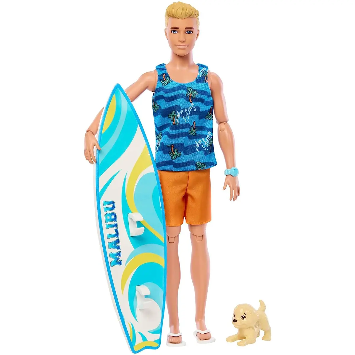 Barbie Poseable Blonde Ken Beach Doll With Surfboard And Pet Puppy & Themed Accessories 1