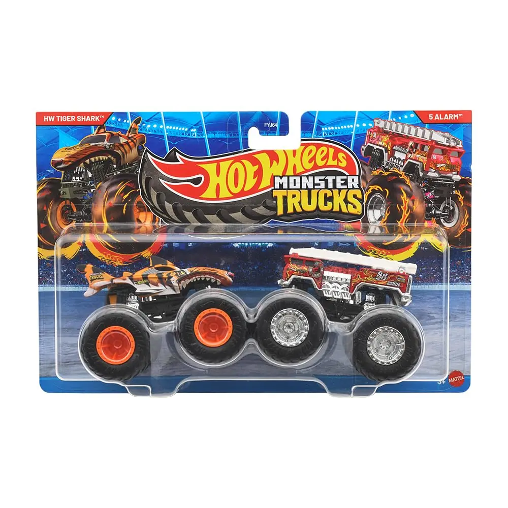 Hot Wheels Monster Trucks 1:64 Scale Demolition Doubles 2 Pack Collection, Tiger Shark Vs 5 Alarm 1