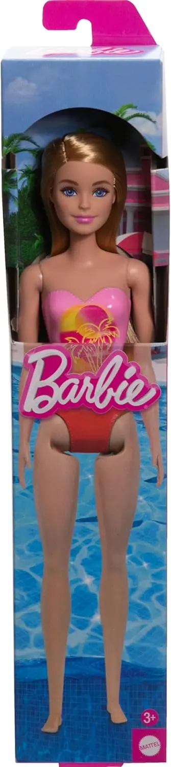 Barbie Beach Doll With Blond Hair Wearing Pink Palm Tree-Print Swimsuit For Kids Ages 3+ 1