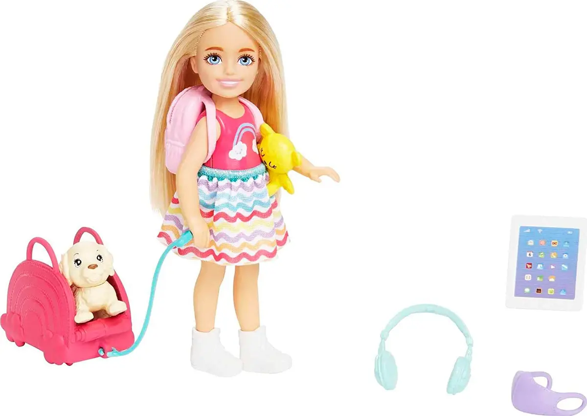 Barbie Chelsea Blonde Doll Travel Set Accessories With Puppy, Pet Carrier & Backpack For Kids Ages 3+ 1