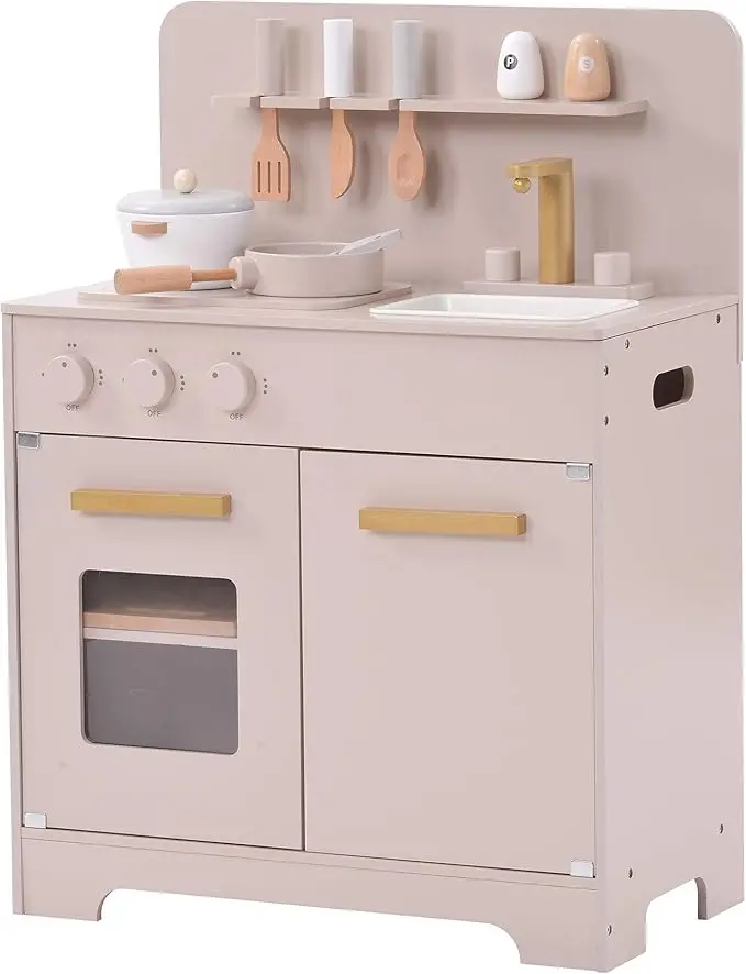 Kiddies Kingdom Wooden Toy Kitchen - Soft Pink, Mint Grey, White Imaginative Play For Ages 3 And Above 1