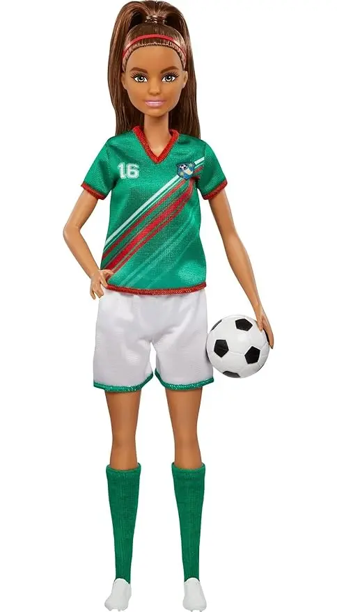 Barbie Soccer Doll, Brunette Ponytail, Colorful 16 Uniform, Soccer Ball, Cleats, Tall Socks, Great Sports For Ages 3+ 1