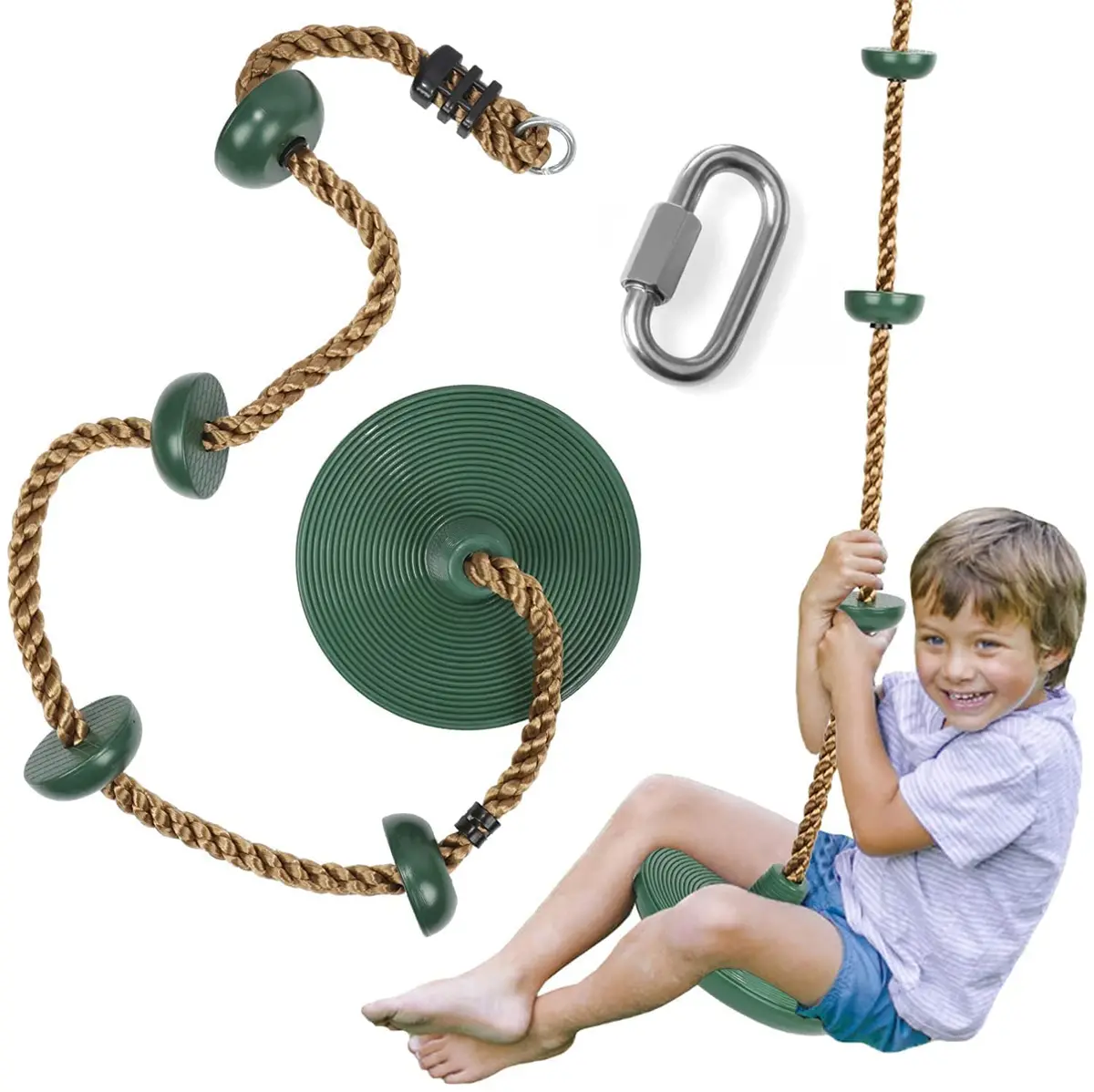 Reznor Plastic Platforms Disc Tree Swing Seat Climbing Knot Rope With Carabiner Hook For Kids, Green 1