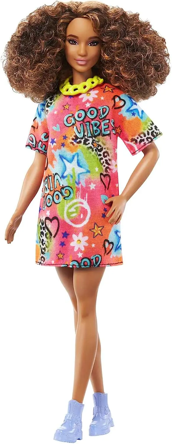 Barbie Fashionistas Doll With Brunette Curly Hair And Graffiti Dress #201 For Kids Ages 3+ (Hpf77) 1