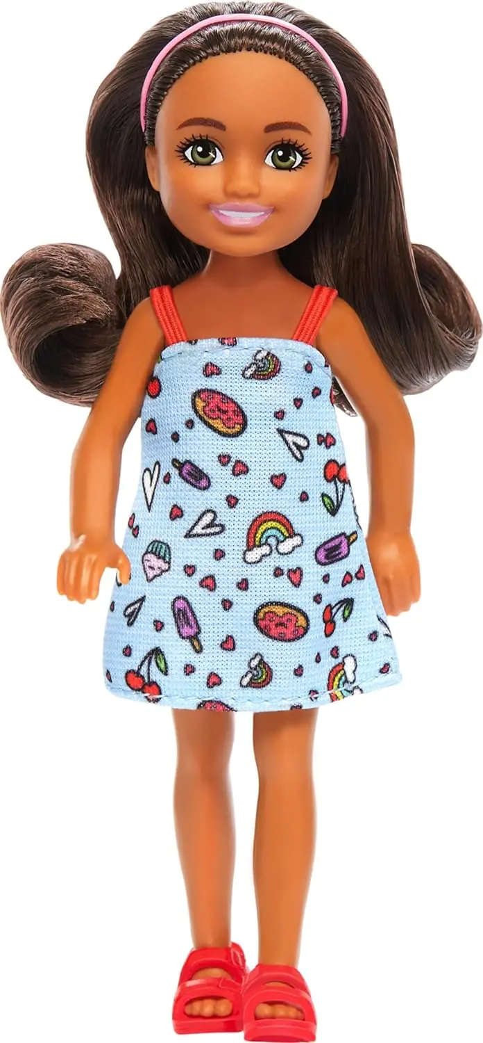 Barbie Chelsea Doll, Small Doll Wearing Removable Blue Dress With Colorful Print & Pink Shoes, Brown Hair & Green Eyes 1