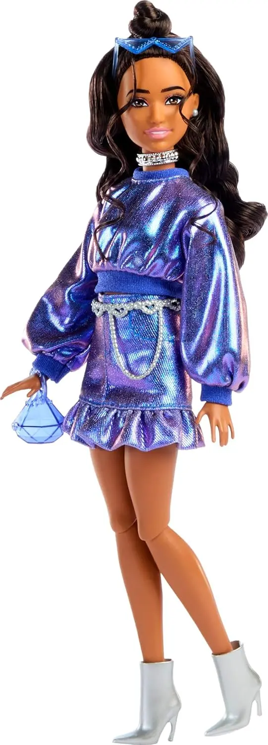 Barbie Deluxe Style Doll #7 In Metallic Blue Top And Skirt, Wavy Brown Hair, Accessories Like Silvery Jewelry, Crystal Handbag And Sunglasses 1