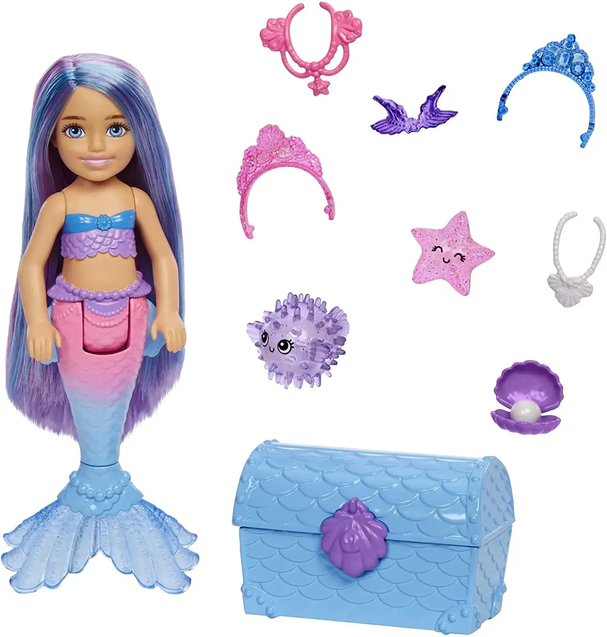 Barbie Chelsea Mermaid Power Doll With Blue & Purple Hair & 2 Ocean Pets & Treasure Chest Accessories 1