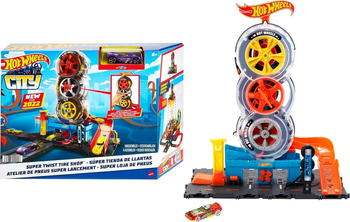 Hot Wheels City Super Twist Tire Shop Playset, Spin The Key To Make Cars Travel Through The Tires, Includes 1 Hot Wheels Car, Gift For Kids 4 To 8 Years Old 1