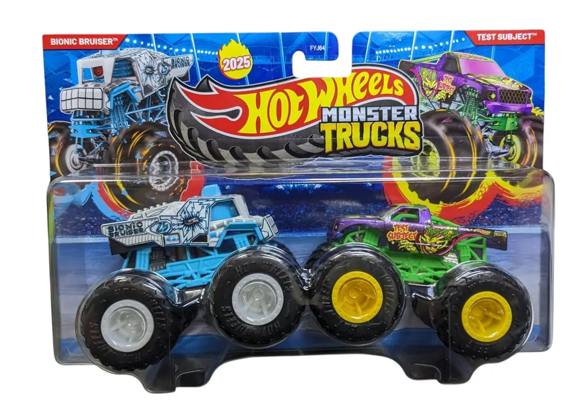 Hot Wheels Monster Trucks 1:64 Scale Demolition Doubles 2 Pack Collection, Bionic Bruiser Vs Test Subject 1