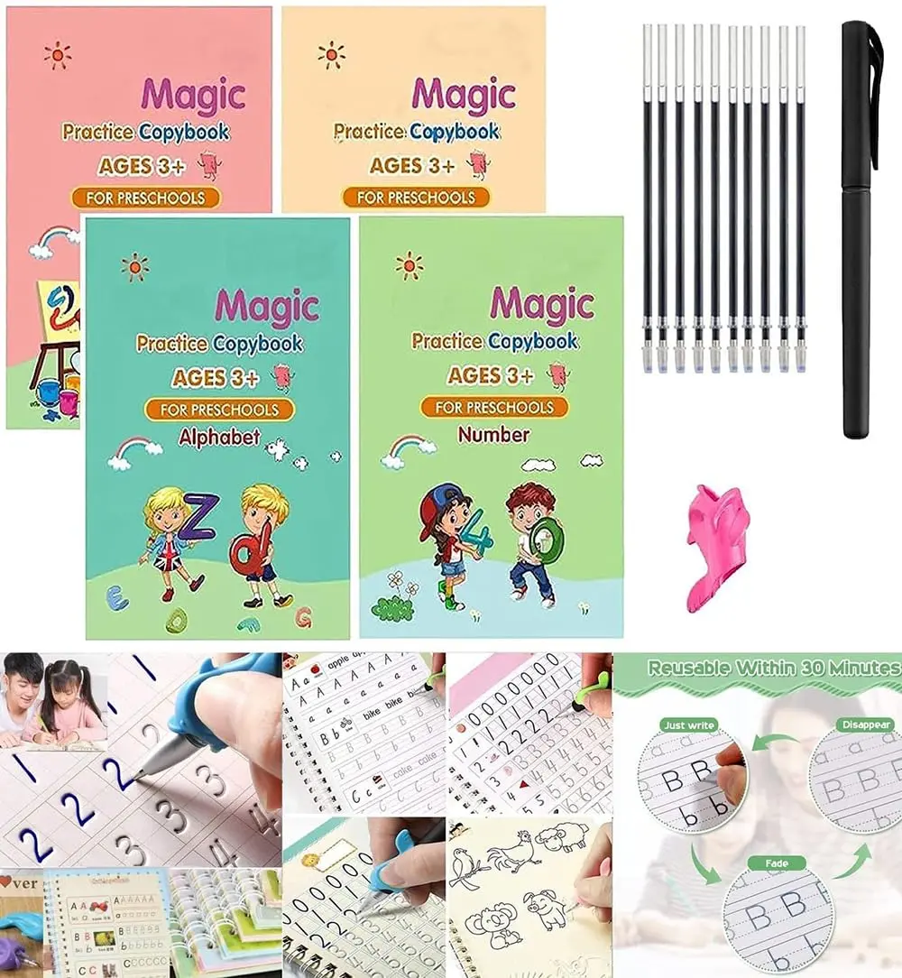 Reznor Reusable Practice Copybook Calligraphy Number Math Drawing Alphabet Handwriting Book Set For Kids, 4 Pack 1