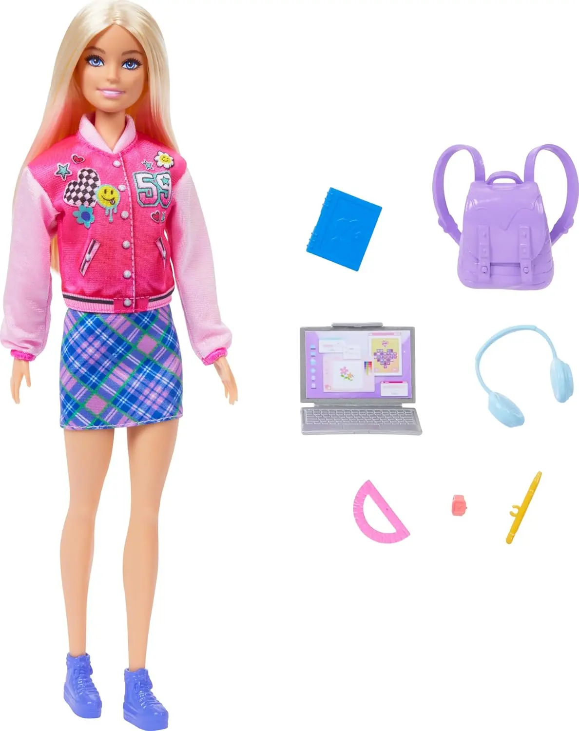 Barbie I Love School Doll & Accessories Toy Set, 7 Pieces Include Backpack, Laptop & More, Blonde Fashion Doll Wears Removable Look 1