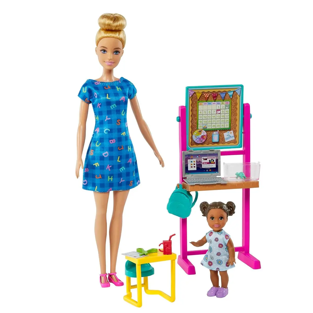 Barbie Blonde Hair Teacher Doll With Toddler Doll, Flip Board, Laptop, Backpack, Toddler Desk, Pet Turtle, Great Gift For Ages 3 Years Old & Up 1