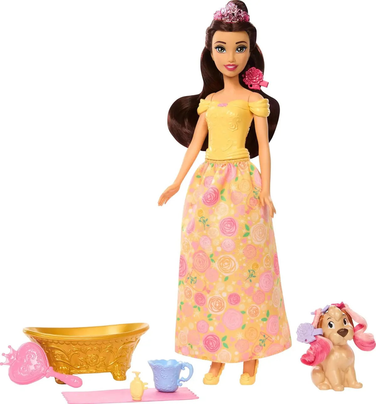 Disney Princess Belle Fashion Doll & Dog Figure With Color Change Spots, Bathtub, Brush & Hair Accessories, Inspired By Beauty & The Beast 1