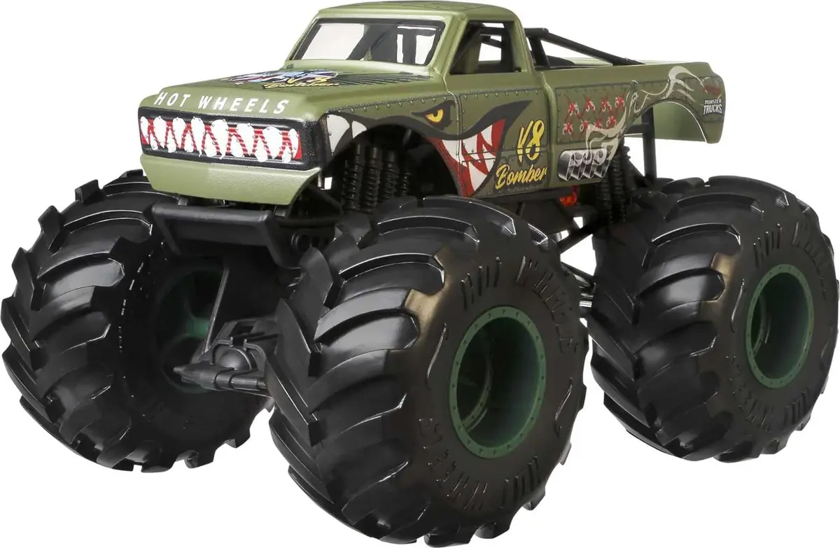 Hot Wheels 1:24 Scale Oversized Monster Truck V8 Bomber Die-Cast Toy Truck With Giant Wheels & Cool Designs 1