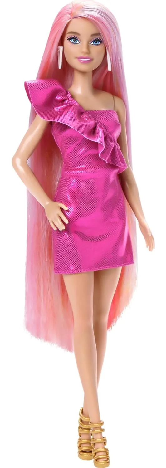 Barbie Fun & Fancy Hair With Extra-Long Colorful Blonde Hair And Glossy Pink Dress Doll, 10 Hair And Fashion Play Accessories 1