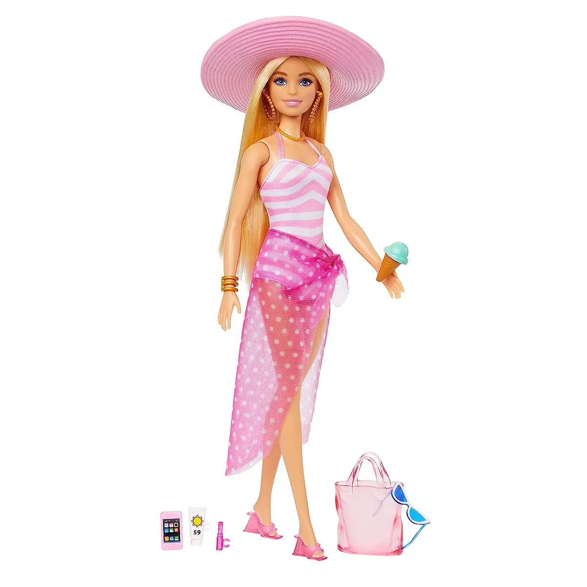 Barbie Blonde Doll With Pink And White Swimsuit, Sun Hat, Tote Bag And Beach-Themed Accessories 1